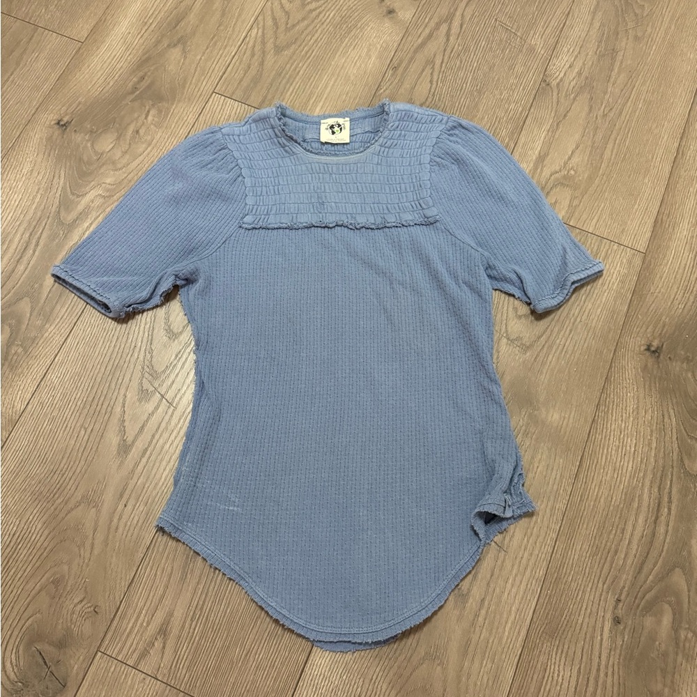 We The Free Powder Blue Short Sleeve Smocked Waffle Top